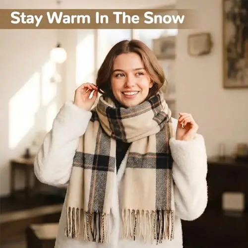 Loritta Winter Scarf for Women, Long Plaid Shawl Wraps Scarves Gifts | Large Fall Scarfs, Big Grid Tartan Blanket, Soft Warm Chunky Oversized, Lattice Tassels, Stocking Stuffers, Christmas gift - 5