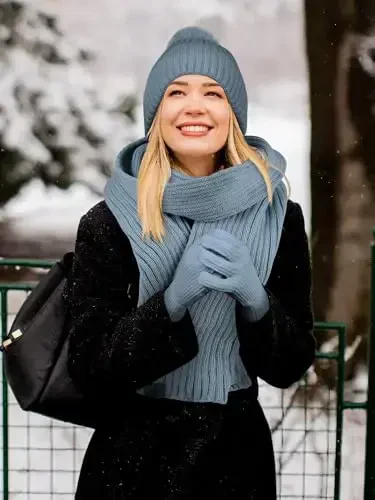 LOROME Ayollar Qishki Beanie Shlyapa Sharf Qo'lqoplar To'plami, Fleece Trikotaj Pompom Shlyapa Issiq Bo'yin Sharf Sensorli Ekranli Qo'lqoplar Qishki Sovg'a - 6