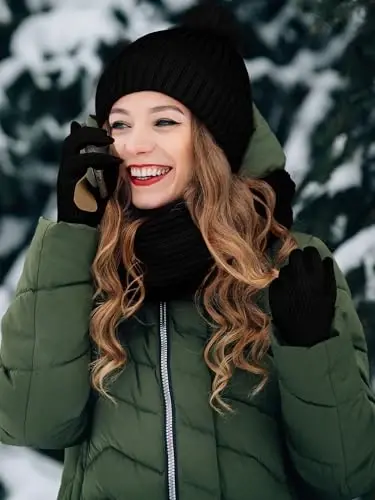 LOROME Ayollar Qishki Shapka Sharf Qo'lqoplar To'plami, Fleece Trikotaj Pompom Shapka Issiq Bo'yin Sharf Sensorli Qo'lqoplar Qishki Sovg'a - 5