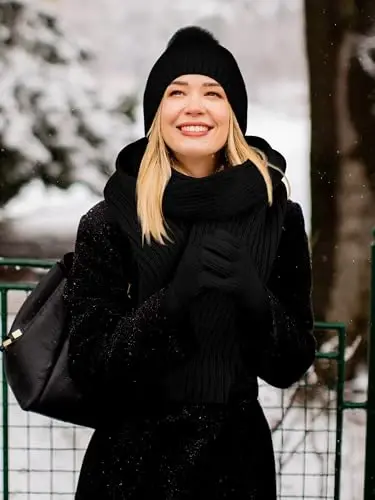 LOROME Ayollar Qishki Shapka Sharf Qo'lqoplar To'plami, Fleece Trikotaj Pompom Shapka Issiq Bo'yin Sharf Sensorli Qo'lqoplar Qishki Sovg'a - 6