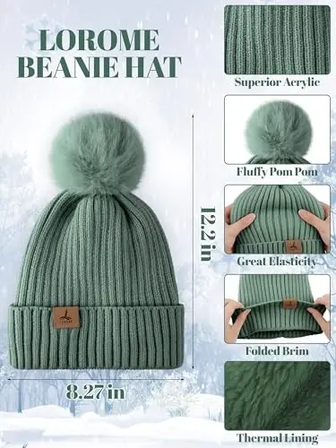 LOROME Ayollar Qishki Shapka Sharf Qo'lqoplar To'plami, Fleece Trikotaj Pompom Shapka Issiq Bo'yin Sharf Sensorli Qo'lqoplar Qishki Sovg'a - 2