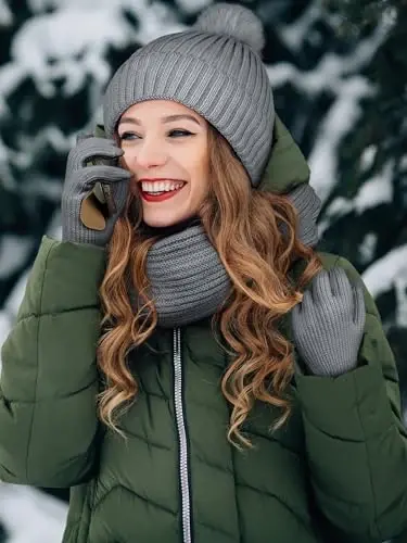 LOROME Ayollar Qishki Shapka Sharf Qo'lqoplar To'plami, Fleece Trikotaj Pompon Shapka Issiq Bo'yin Sharf Sensorli Ekran Qo'lqoplari Qishki Sovg'a - 5