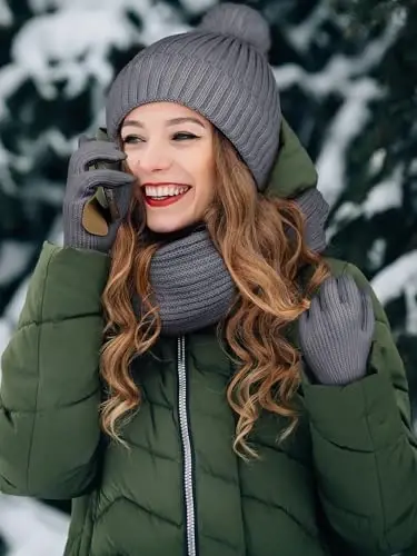 LOROME Ayollar Qishki Shapka Sharf Qo'lqoplar To'plami, Fleece Trikotaj Pompon Shapka Issiq Bo'yin Sharf Sensorli Ekran Qo'lqoplari Qishki Sovg'a - 5