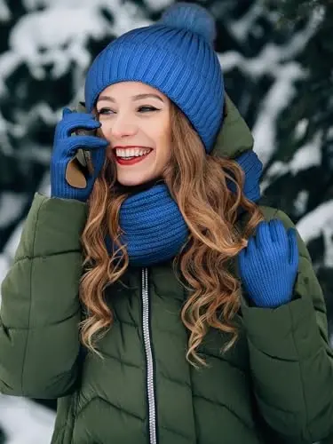 LOROME Ayollar Qishki Shapka Sharf Qo'lqoplar To'plami, Fleece Trikotaj Pompon Shapka Issiq Bo'yin Sharf Sensorli Qo'lqoplar Qishki Sovg'a - 5