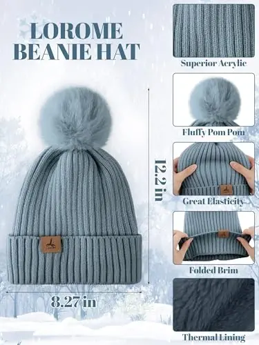 LOROME Women Winter Beanie Hat Scarf Gloves Set, Fleece Knitted Pompom Hat Warm Neck Scarf Touchscreen Gloves Winter Gift - 2