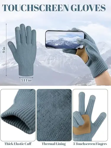 LOROME Women Winter Beanie Hat Scarf Gloves Set, Fleece Knitted Pompom Hat Warm Neck Scarf Touchscreen Gloves Winter Gift - 4