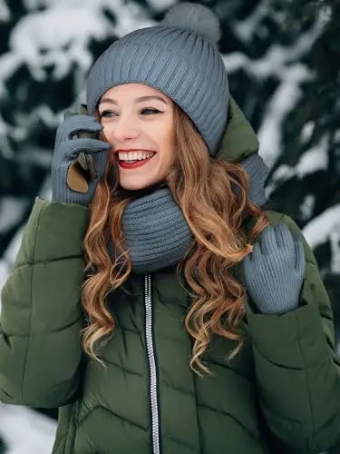 LOROME Women Winter Beanie Hat Scarf Gloves Set, Fleece Knitted Pompom Hat Warm Neck Scarf Touchscreen Gloves Winter Gift - 5