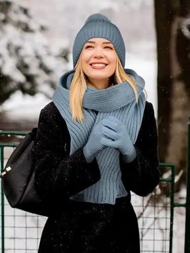 LOROME Women Winter Beanie Hat Scarf Gloves Set, Fleece Knitted Pompom Hat Warm Neck Scarf Touchscreen Gloves Winter Gift - 6