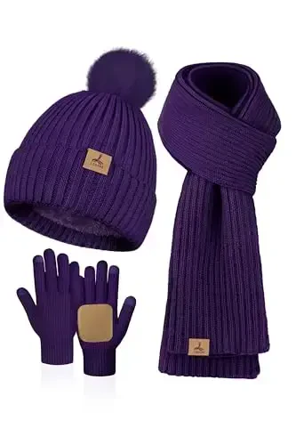 LOROME Women Winter Beanie Hat Scarf Gloves Set, Fleece Knitted Pompom Hat Warm Neck Scarf Touchscreen Gloves Winter Gift 