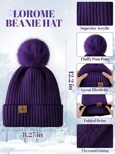 LOROME Women Winter Beanie Hat Scarf Gloves Set, Fleece Knitted Pompom Hat Warm Neck Scarf Touchscreen Gloves Winter Gift - 2