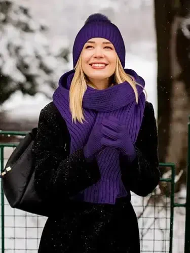 LOROME Women Winter Beanie Hat Scarf Gloves Set, Fleece Knitted Pompom Hat Warm Neck Scarf Touchscreen Gloves Winter Gift - 6