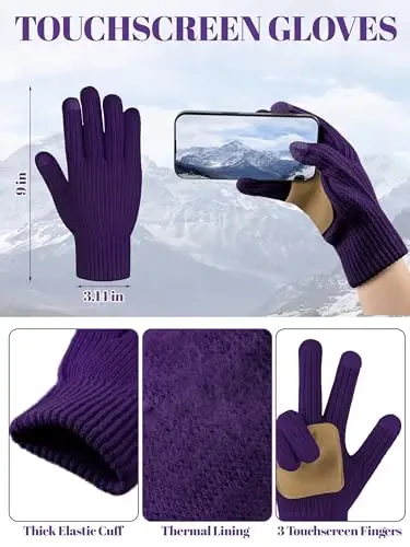 LOROME Women Winter Beanie Hat Scarf Gloves Set, Fleece Knitted Pompom Hat Warm Neck Scarf Touchscreen Gloves Winter Gift - 4