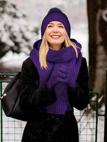 LOROME Women Winter Beanie Hat Scarf Gloves Set, Fleece Knitted Pompom Hat Warm Neck Scarf Touchscreen Gloves Winter Gift - 6