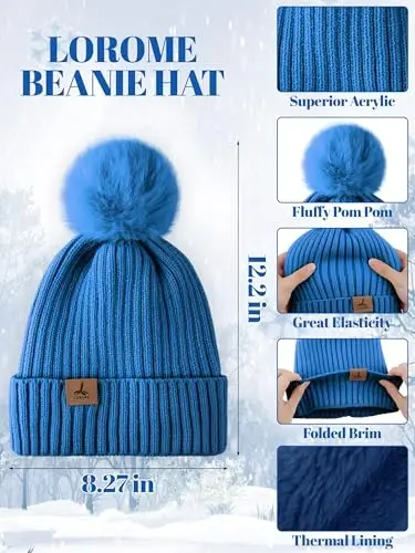 LOROME Women Winter Beanie Hat Scarf Gloves Set, Fleece Knitted Pompom Hat Warm Neck Scarf Touchscreen Gloves Winter Gift - LOROME (1)