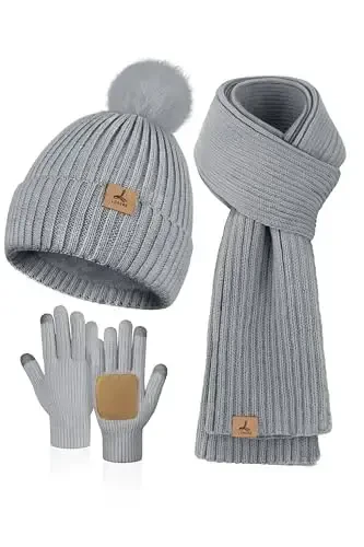 LOROME Women Winter Beanie Hat Scarf Gloves Set, Fleece Knitted Pompom Hat Warm Neck Scarf Touchscreen Gloves Winter Gift - 1