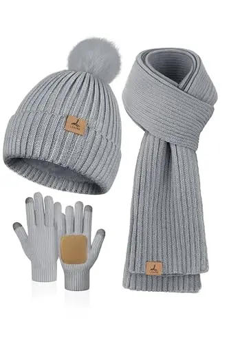 LOROME Women Winter Beanie Hat Scarf Gloves Set, Fleece Knitted Pompom Hat Warm Neck Scarf Touchscreen Gloves Winter Gift 