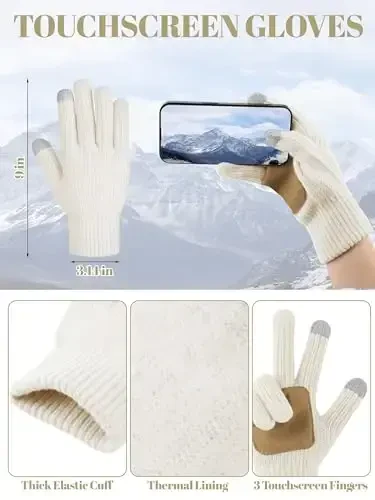 LOROME Women Winter Beanie Hat Scarf Gloves Set, Fleece Knitted Pompom Hat Warm Neck Scarf Touchscreen Gloves Winter Gift - 4