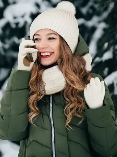 LOROME Women Winter Beanie Hat Scarf Gloves Set, Fleece Knitted Pompom Hat Warm Neck Scarf Touchscreen Gloves Winter Gift - 5