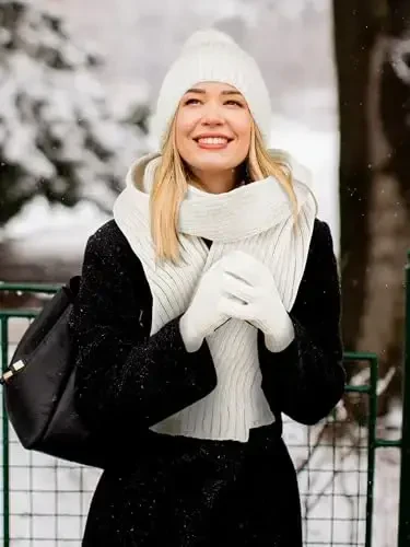 LOROME Women Winter Beanie Hat Scarf Gloves Set, Fleece Knitted Pompom Hat Warm Neck Scarf Touchscreen Gloves Winter Gift - 6