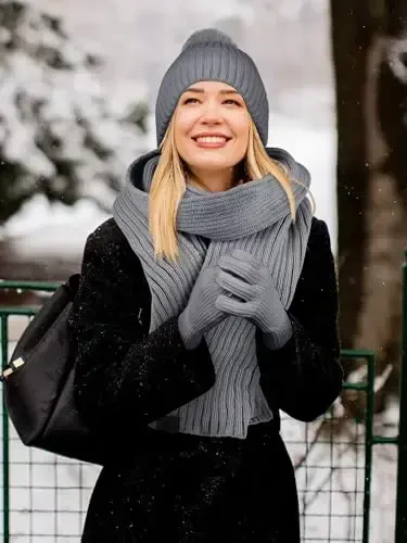 LOROME Women Winter Beanie Hat Scarf Gloves Set, Fleece Knitted Pompom Hat Warm Neck Scarf Touchscreen Gloves Winter Gift - 6