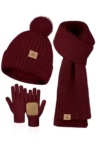 LOROME Women Winter Beanie Hat Scarf Gloves Set, Fleece Knitted Pompom Hat Warm Neck Scarf Touchscreen Gloves Winter Gift 