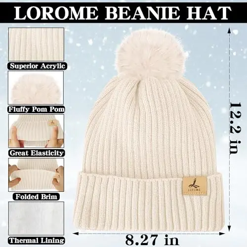 LOROME Women Winter Beanie Hat Scarf Gloves Set, Fleece Knitted Pompom Hat Warm Neck Scarf Touchscreen Gloves Winter Gift - 3