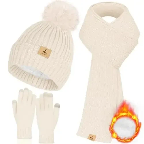 LOROME Women Winter Beanie Hat Scarf Gloves Set, Fleece Knitted Pompom Hat Warm Neck Scarf Touchscreen Gloves Winter Gift 