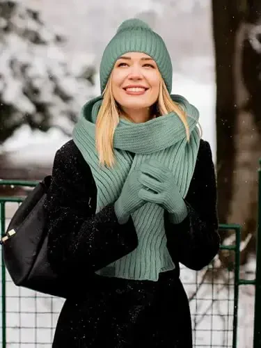 LOROME Women Winter Beanie Hat Scarf Gloves Set, Fleece Knitted Pompom Hat Warm Neck Scarf Touchscreen Gloves Winter Gift - 6