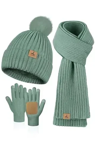 LOROME Women Winter Beanie Hat Scarf Gloves Set, Fleece Knitted Pompom Hat Warm Neck Scarf Touchscreen Gloves Winter Gift - LOROME