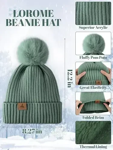 LOROME Women Winter Beanie Hat Scarf Gloves Set, Fleece Knitted Pompom Hat Warm Neck Scarf Touchscreen Gloves Winter Gift - LOROME (1)