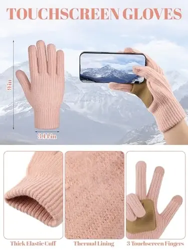 LOROME Women Winter Beanie Hat Scarf Gloves Set, Fleece Knitted Pompom Hat Warm Neck Scarf Touchscreen Gloves Winter Gift - 4