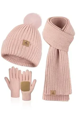 LOROME Women Winter Beanie Hat Scarf Gloves Set, Fleece Knitted Pompom Hat Warm Neck Scarf Touchscreen Gloves Winter Gift - 1