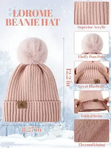LOROME Women Winter Beanie Hat Scarf Gloves Set, Fleece Knitted Pompom Hat Warm Neck Scarf Touchscreen Gloves Winter Gift - LOROME (1)
