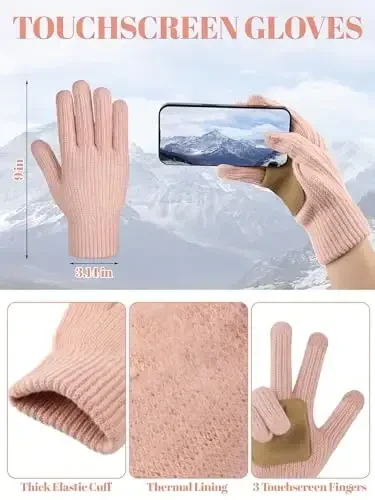 LOROME Women Winter Beanie Hat Scarf Gloves Set, Fleece Knitted Pompom Hat Warm Neck Scarf Touchscreen Gloves Winter Gift - 4