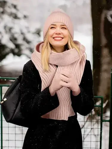 LOROME Women Winter Beanie Hat Scarf Gloves Set, Fleece Knitted Pompom Hat Warm Neck Scarf Touchscreen Gloves Winter Gift - 6