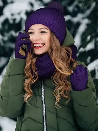 LOROME Women Winter Beanie Hat Scarf Gloves Set, Fleece Knitted Pompom Hat Warm Neck Scarf Touchscreen Gloves Winter Gift - 5