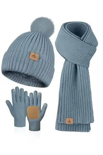 LOROME Women Winter Beanie Hat Scarf Gloves Set, Fleece Knitted Pompom Hat Warm Neck Scarf Touchscreen Gloves Winter Gift 