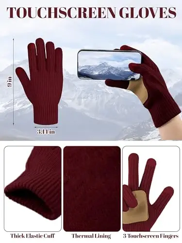 LOROME Women Winter Beanie Hat Scarf Gloves Set, Fleece Knitted Pompom Hat Warm Neck Scarf Touchscreen Gloves Winter Gift - 4