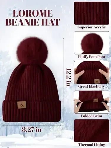 LOROME Women Winter Beanie Hat Scarf Gloves Set, Fleece Knitted Pompom Hat Warm Neck Scarf Touchscreen Gloves Winter Gift - LOROME (1)