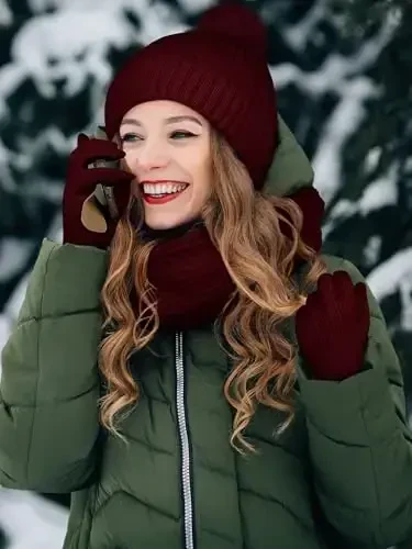 LOROME Women Winter Beanie Hat Scarf Gloves Set, Fleece Knitted Pompom Hat Warm Neck Scarf Touchscreen Gloves Winter Gift - 5