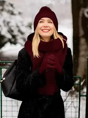LOROME Women Winter Beanie Hat Scarf Gloves Set, Fleece Knitted Pompom Hat Warm Neck Scarf Touchscreen Gloves Winter Gift - 6