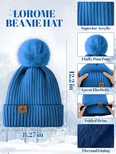 LOROME Women Winter Beanie Hat Scarf Gloves Set, Fleece Knitted Pompom Hat Warm Neck Scarf Touchscreen Gloves Winter Gift - 2