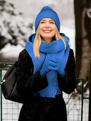 LOROME Women Winter Beanie Hat Scarf Gloves Set, Fleece Knitted Pompom Hat Warm Neck Scarf Touchscreen Gloves Winter Gift - 6