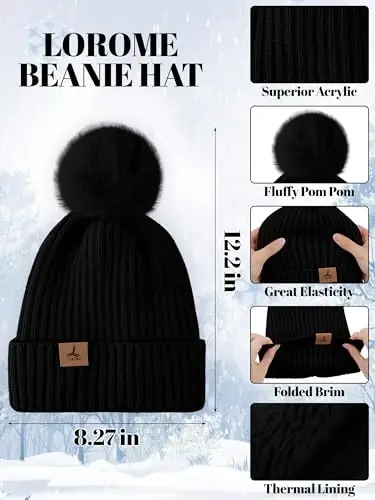 LOROME Women Winter Beanie Hat Scarf Gloves Set, Fleece Knitted Pompom Hat Warm Neck Scarf Touchscreen Gloves Winter Gift - 2