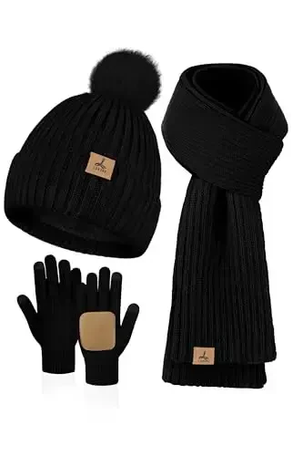 LOROME Women Winter Beanie Hat Scarf Gloves Set, Fleece Knitted Pompom Hat Warm Neck Scarf Touchscreen Gloves Winter Gift - LOROME