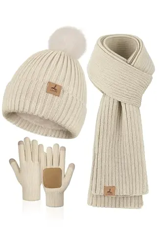 LOROME Women Winter Beanie Hat Scarf Gloves Set, Fleece Knitted Pompom Hat Warm Neck Scarf Touchscreen Gloves Winter Gift 