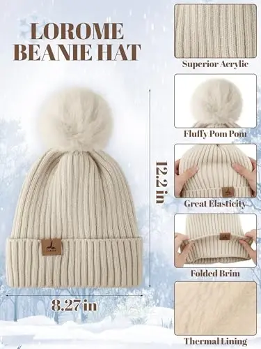LOROME Women Winter Beanie Hat Scarf Gloves Set, Fleece Knitted Pompom Hat Warm Neck Scarf Touchscreen Gloves Winter Gift - 2
