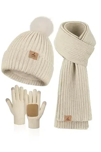 LOROME Women Winter Beanie Hat Scarf Gloves Set, Fleece Knitted Pompom Hat Warm Neck Scarf Touchscreen Gloves Winter Gift - LOROME