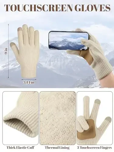 LOROME Women Winter Beanie Hat Scarf Gloves Set, Fleece Knitted Pompom Hat Warm Neck Scarf Touchscreen Gloves Winter Gift - 4