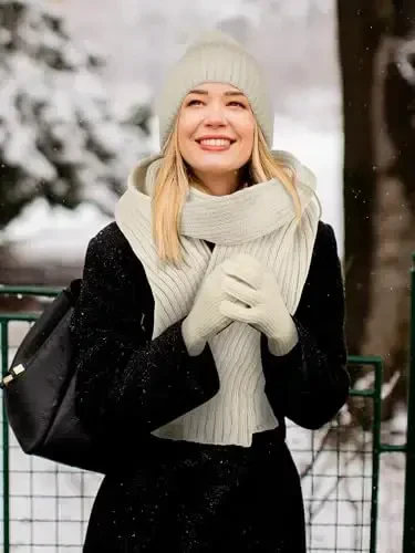 LOROME Women Winter Beanie Hat Scarf Gloves Set, Fleece Knitted Pompom Hat Warm Neck Scarf Touchscreen Gloves Winter Gift - 6